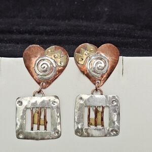 BOLIN “Caged Heart” Mixed Metal Earrings 925 Rare Artisan